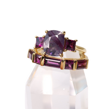 Load image into Gallery viewer, sapphire and grape garnet three-stone ring
